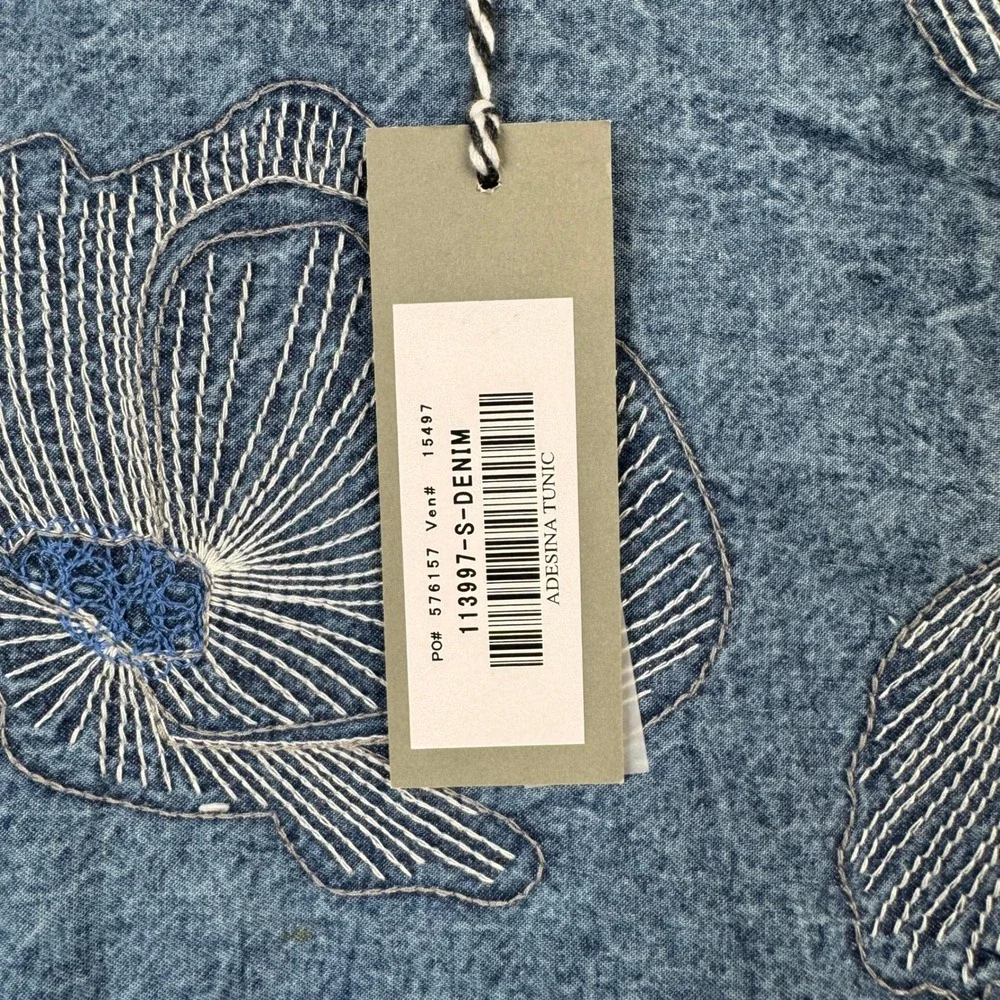 Conditions Apply Adesina Tunic Dress Small Blue Acid Wash Floral Embroidered NWT